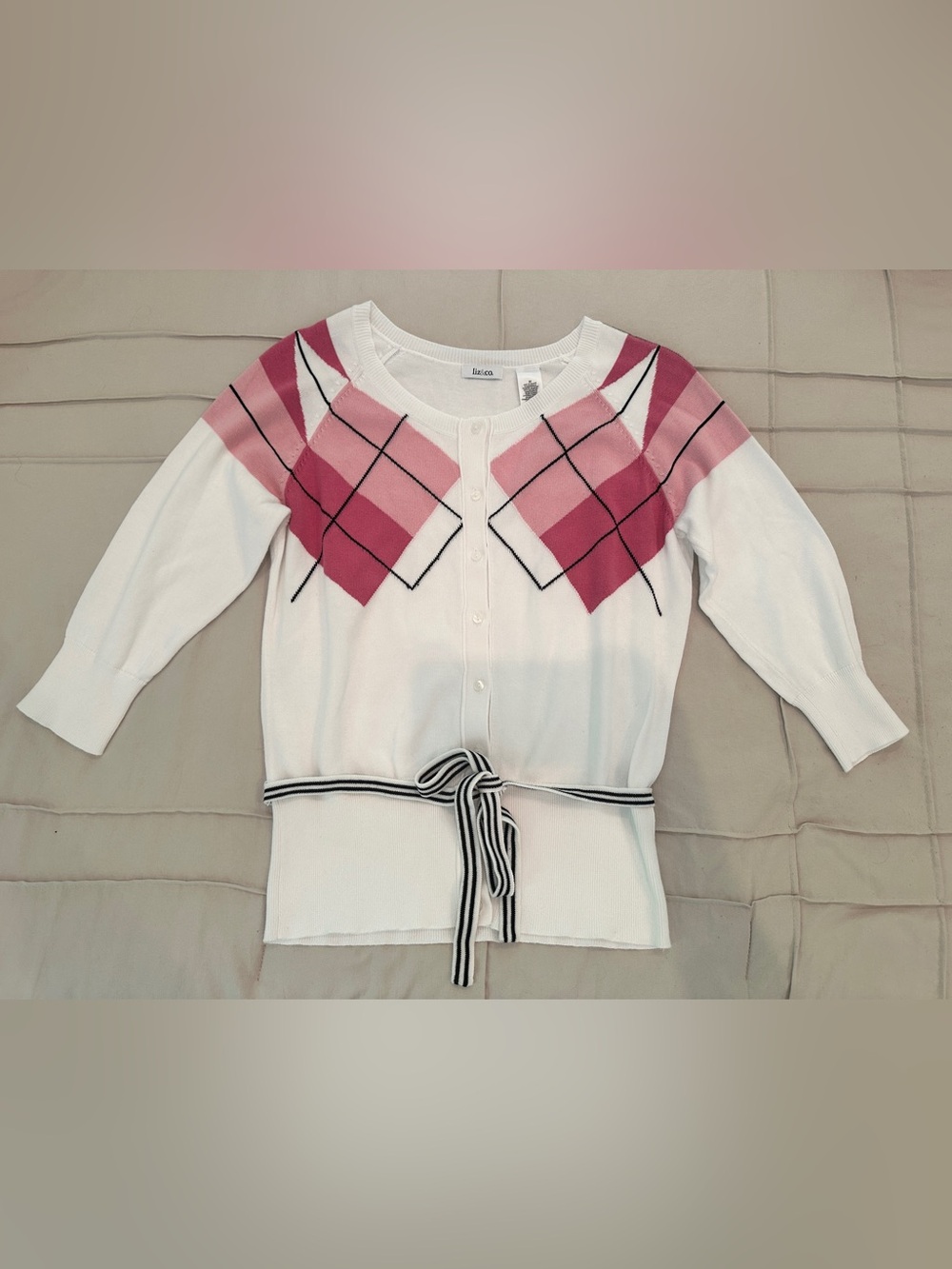 liz & co. White Cardigan with Pink Argyle Accents